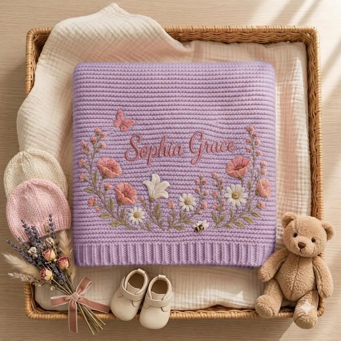 Personalized Baby Knit Blanket – Custom Embroidered Wildflower Name