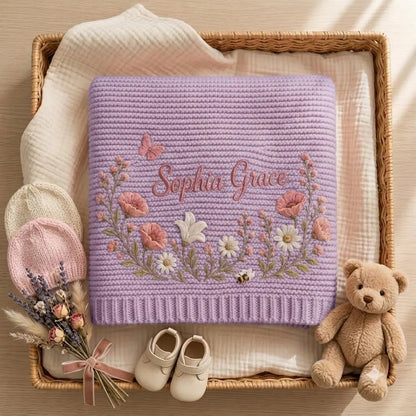 Personalized Baby Knit Blanket – Custom Embroidered Wildflower Name
