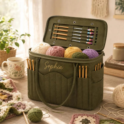 Personalized Crochet & Knitting Bag – Embroidered Name & Birth Flower