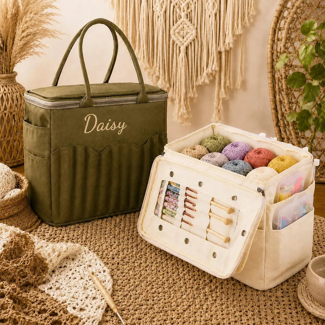 Personalized Crochet & Knitting Bag – Embroidered Name & Birth Flower