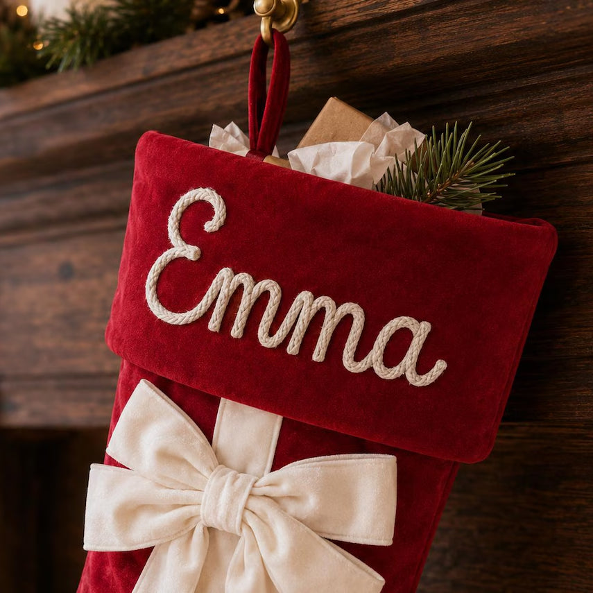 Personalized Velvet Christmas Stocking with Bow Custom Yarn Name