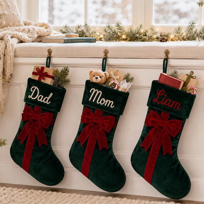 Personalized Velvet Christmas Stocking with Bow Custom Yarn Name