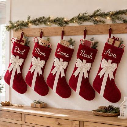 Personalized Velvet Christmas Stocking with Bow Custom Yarn Name