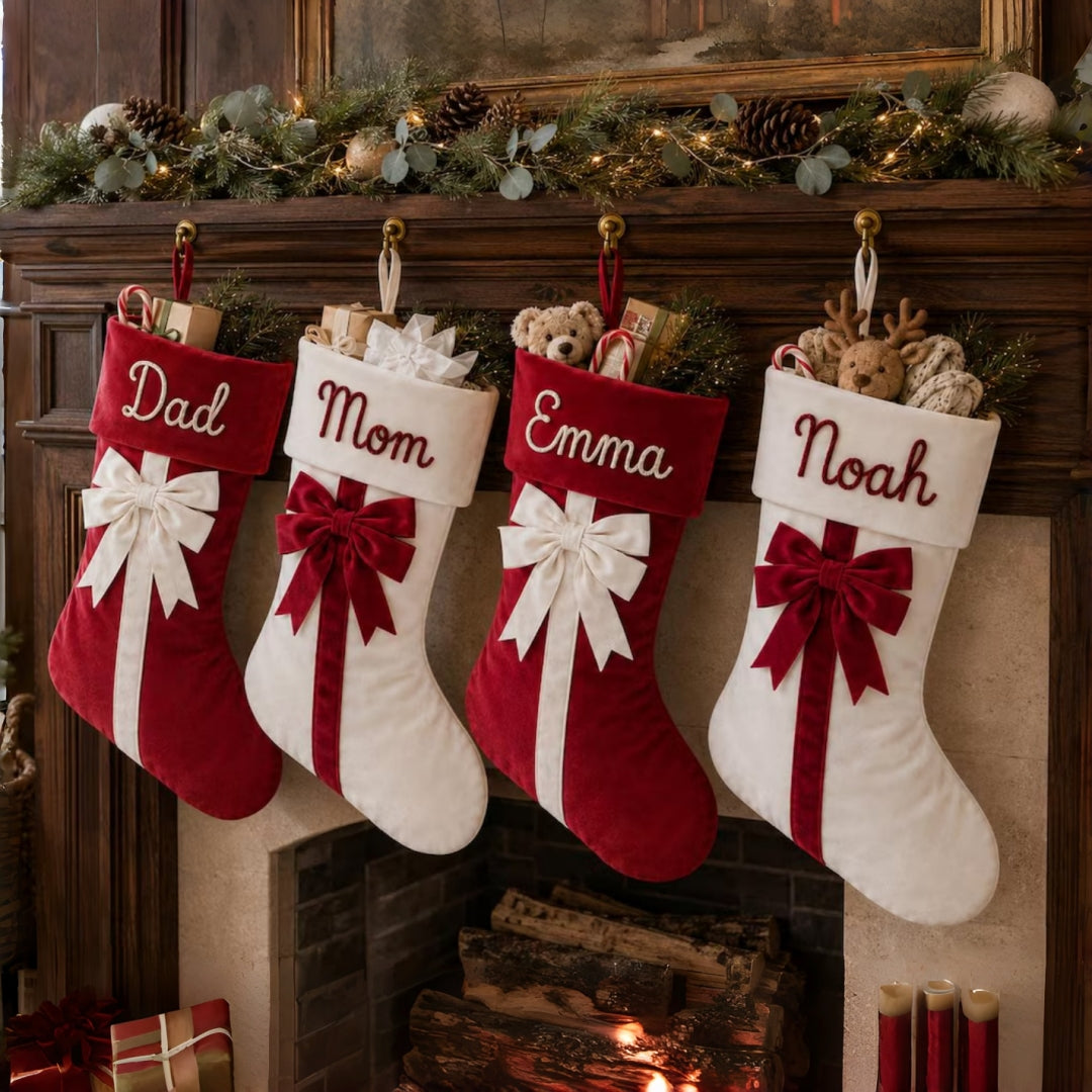 Personalized Velvet Christmas Stocking with Bow Custom Yarn Name