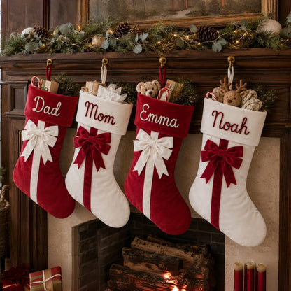 Personalized Velvet Christmas Stocking with Bow Custom Yarn Name
