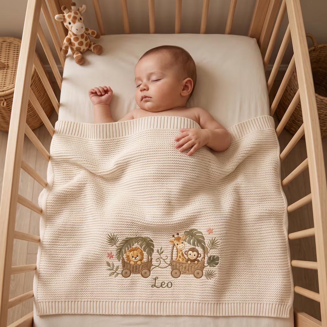 Personalized Safari Animal Basket Train Knit Blanket with Name
