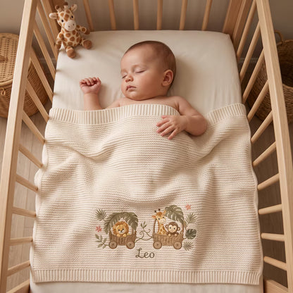 Personalized Safari Animal Basket Train Knit Blanket with Name