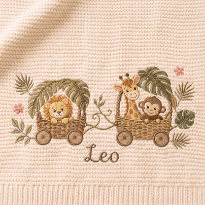 Personalized Safari Animal Basket Train Knit Blanket with Name