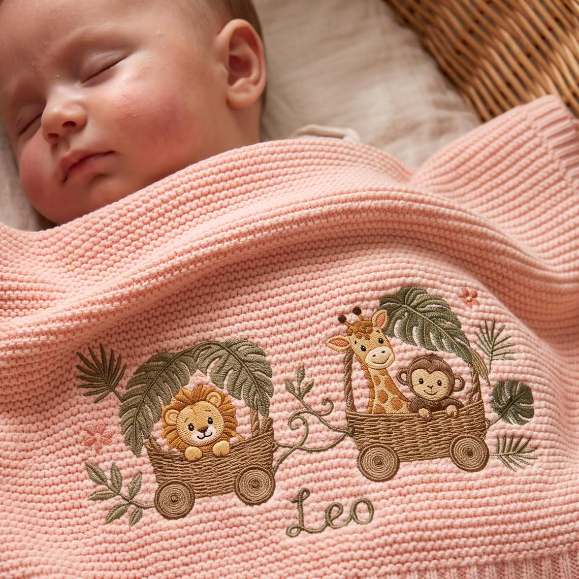 Personalized Safari Animal Basket Train Knit Blanket with Name