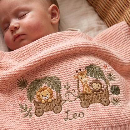 Personalized Safari Animal Basket Train Knit Blanket with Name