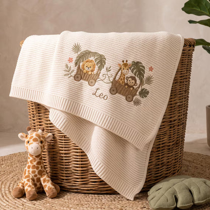 Personalized Safari Animal Basket Train Knit Blanket with Name