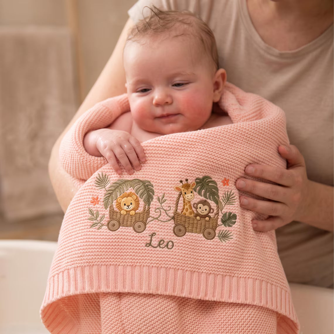 Personalized Safari Animal Basket Train Knit Blanket with Name