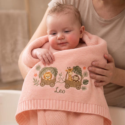 Personalized Safari Animal Basket Train Knit Blanket with Name