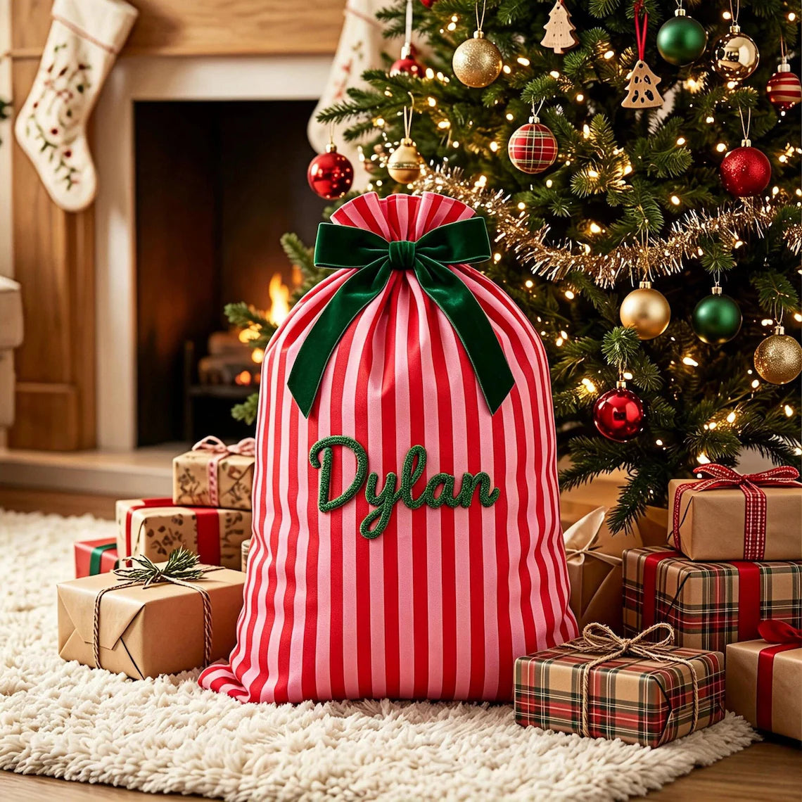 Personalized Large Striped Christmas Sack | Custom Yarn Name