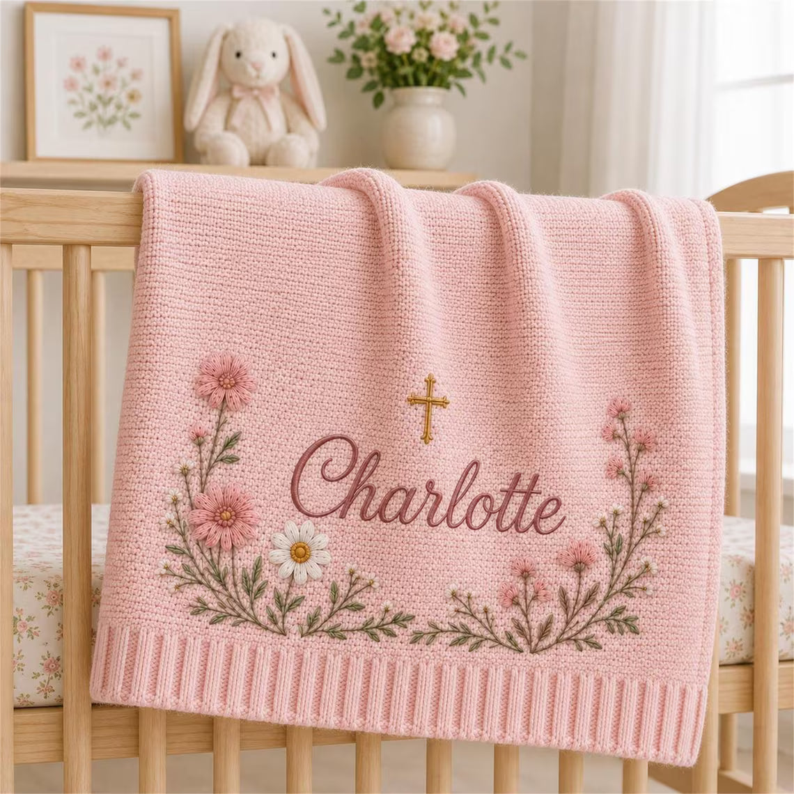 Personalized Floral Cross Baby Knit Blanket | Baptism Gift