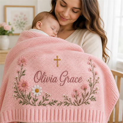 Personalized Floral Cross Baby Knit Blanket | Baptism Gift