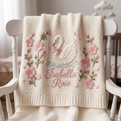Personalized Swan Baby Knit Blanket – Custom Embroidered Name Knit Blanket