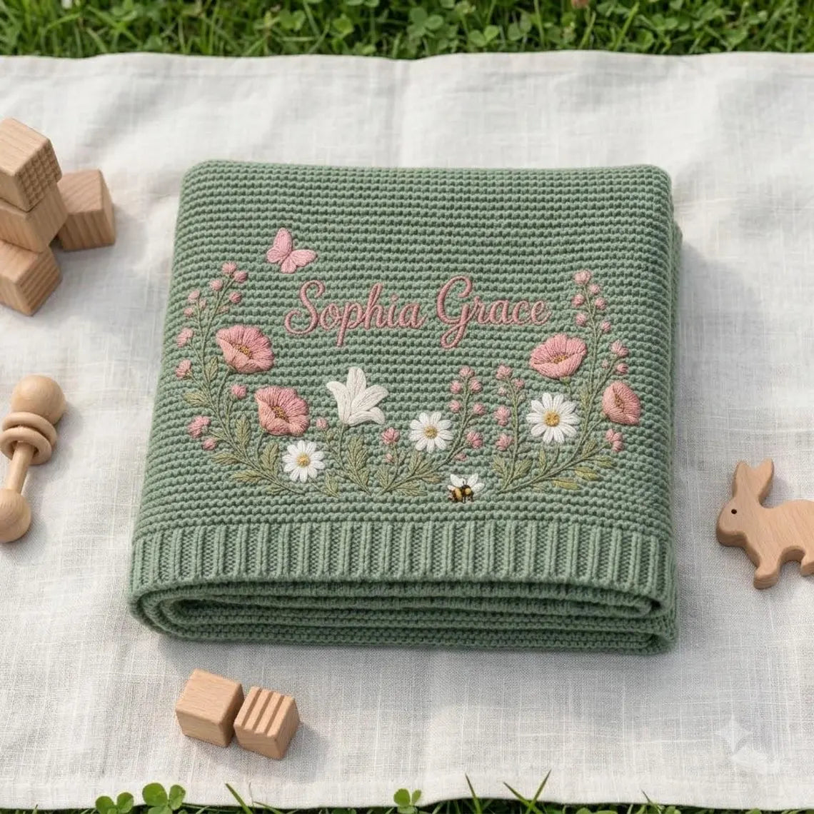 Personalized Baby Knit Blanket – Custom Embroidered Wildflower Name