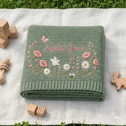 Personalized Baby Knit Blanket – Custom Embroidered Wildflower Name