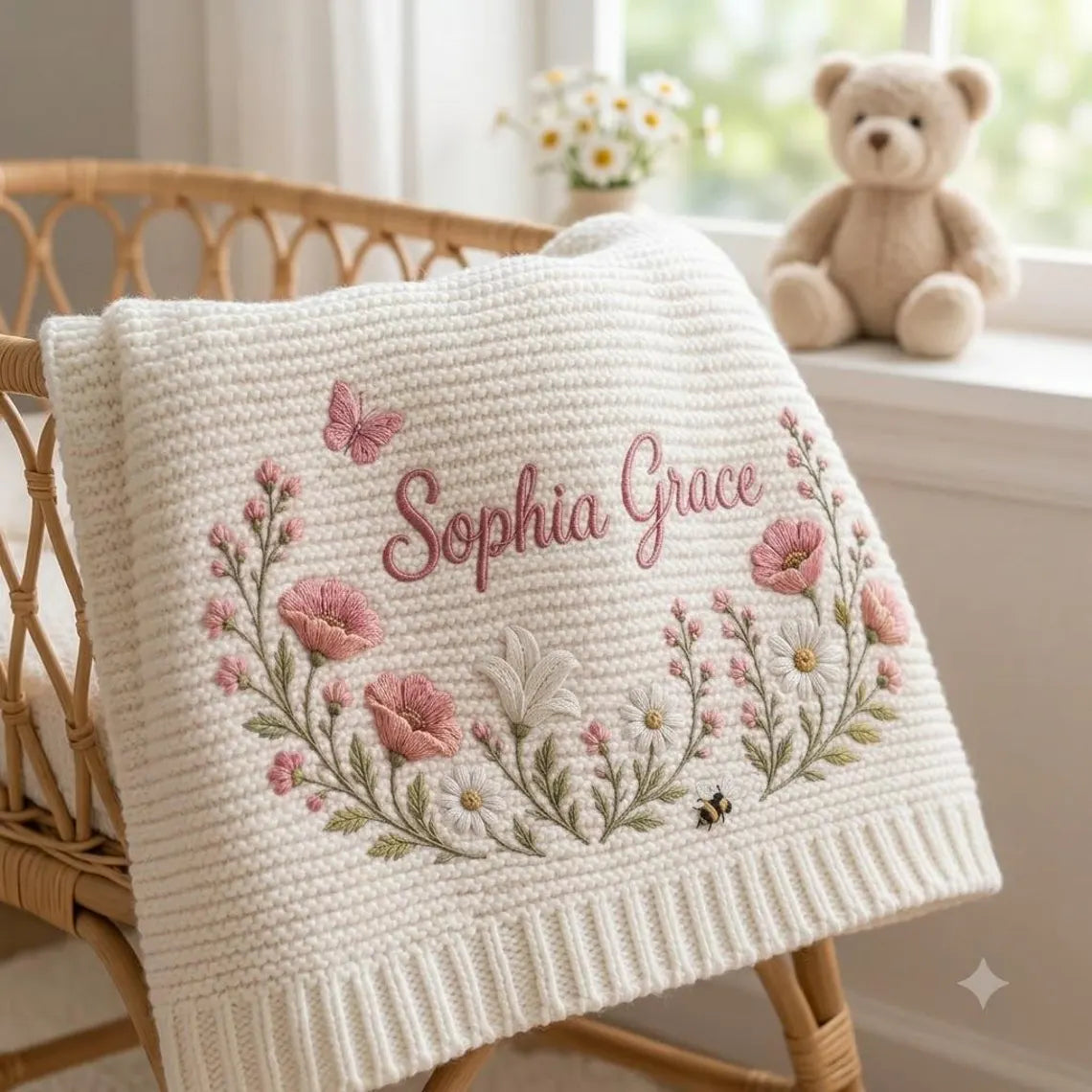 Personalized Baby Knit Blanket – Custom Embroidered Wildflower Name