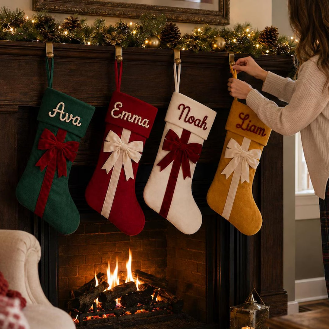 Personalized Velvet Christmas Stocking with Bow Custom Yarn Name
