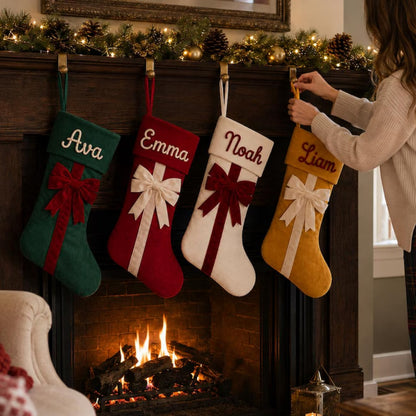 Personalized Velvet Christmas Stocking with Bow Custom Yarn Name