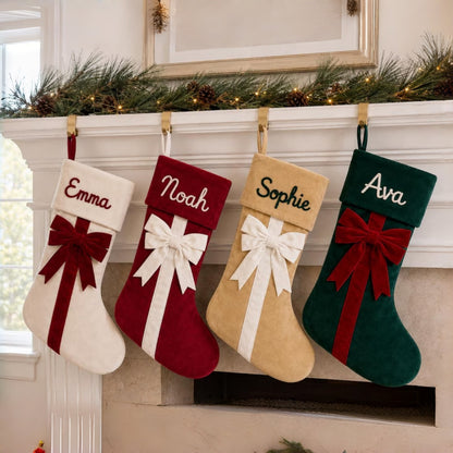 Personalized Velvet Christmas Stocking with Bow Custom Yarn Name