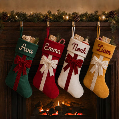 Personalized Velvet Christmas Stocking with Bow Custom Yarn Name