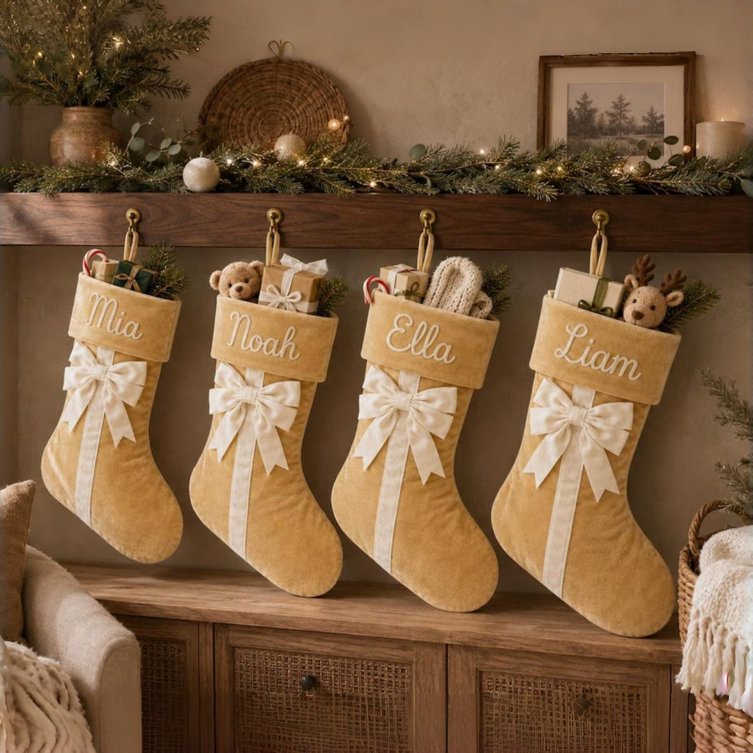 Personalized Velvet Christmas Stocking with Bow Custom Yarn Name