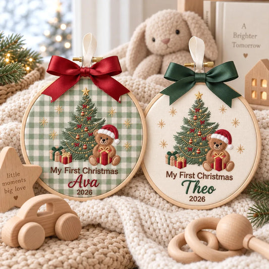Personalized Embroidered Baby’s First Christmas Teddy Bear Ornament Name and Year