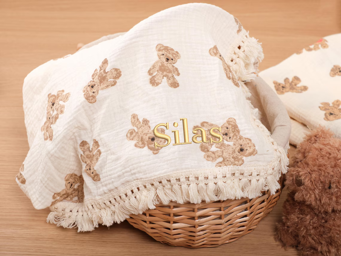 Embroidered Teddy Bear Blanket – Personalized Baby Shower Gift