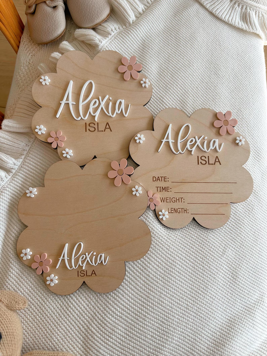 Personalized Daisy Baby Birth Sign | Wooden Name & Birth Plaque