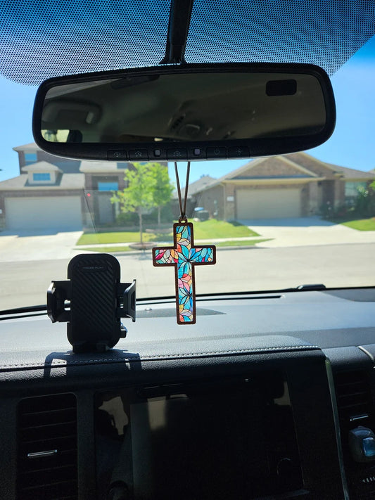 Stained Glass Cross Car Ornament – Christian Rearview Mirror Charm