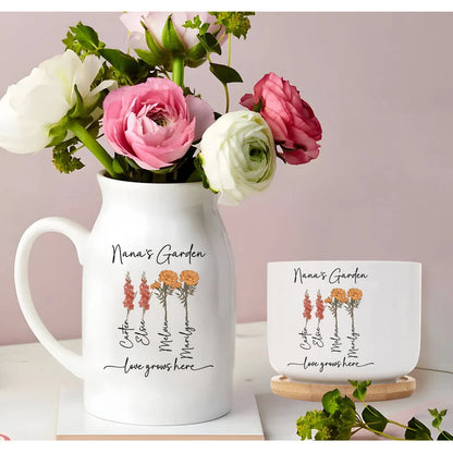 Personalized Birth Flowers Vase - Custom Family Names Vase/Pot/Mug, Plant Lover Gift