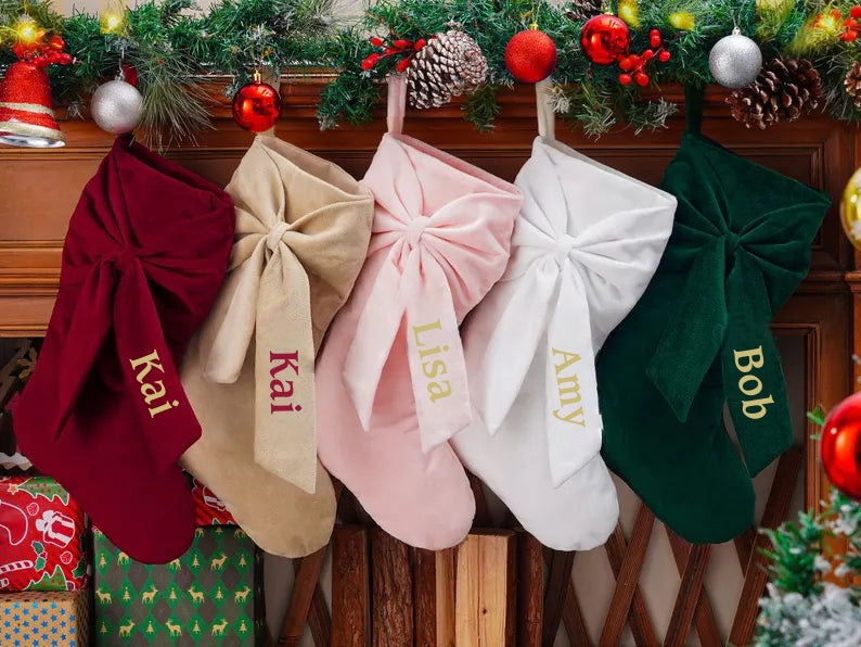 Personalized Velvet Christmas Stocking with Bow – Embroidered Name