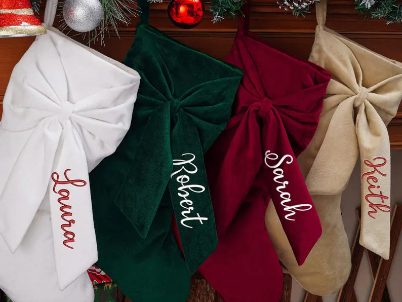 Personalized Velvet Christmas Stocking with Bow – Embroidered Name