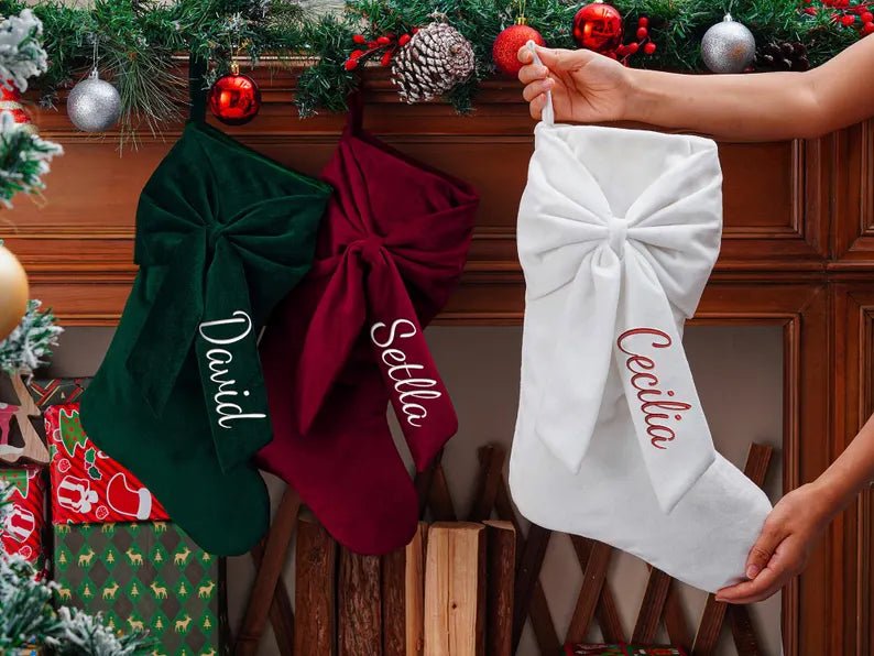 Personalized Velvet Christmas Stocking with Bow – Embroidered Name