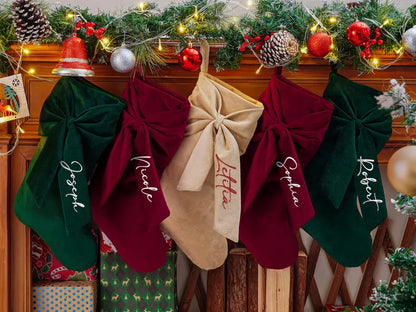 Personalized Velvet Christmas Stocking with Bow – Embroidered Name
