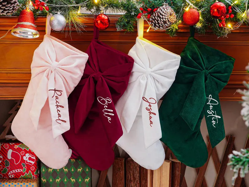 Personalized Velvet Christmas Stocking with Bow – Embroidered Name