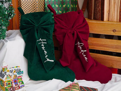 Personalized Velvet Christmas Stocking with Bow – Embroidered Name