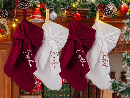 Personalized Velvet Christmas Stocking with Bow – Embroidered Name