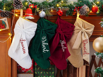 Personalized Velvet Christmas Stocking with Bow – Embroidered Name