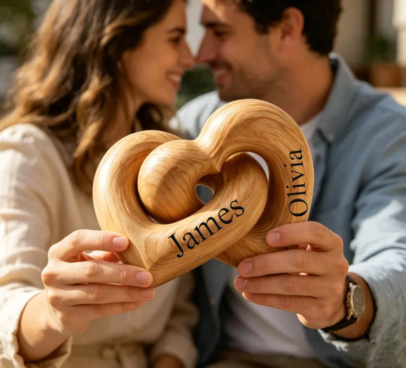 Personalized Wooden Interlocking Hearts with Couple Names | Romantic Gift