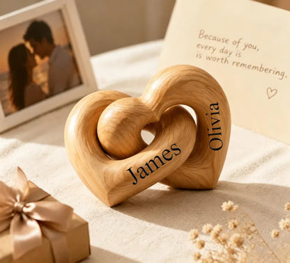 Personalized Wooden Interlocking Hearts with Couple Names | Romantic Gift
