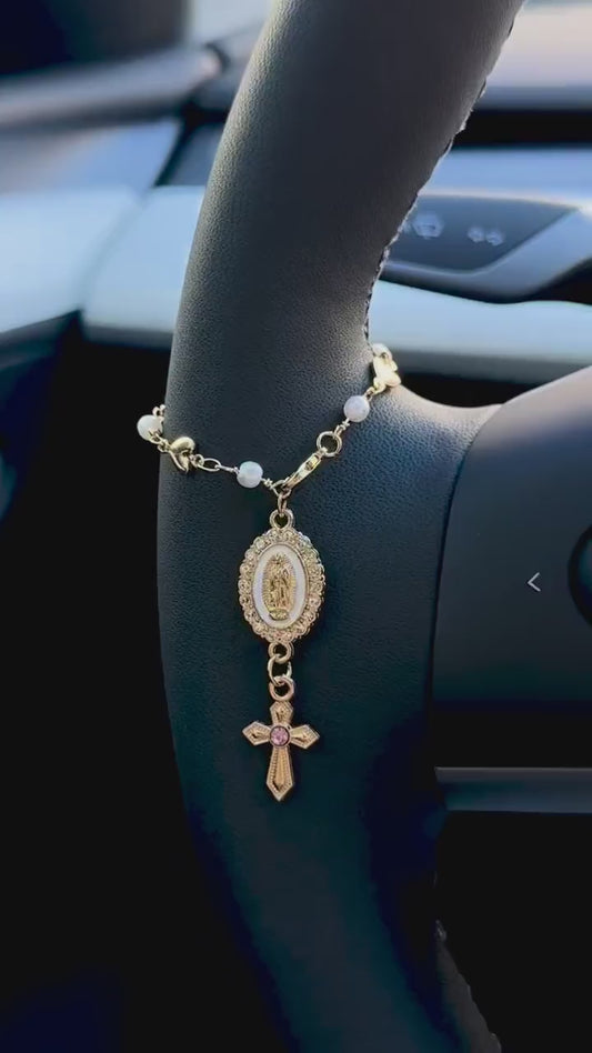 Heart Steering Wheel Rosary Charm - Custom Car Accessory